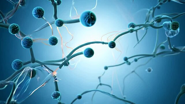 A high-detail 3D animation of neurons firing in the human brain, showing the release of neurotransmitters across synapses and the propagation of action potentials along axons.