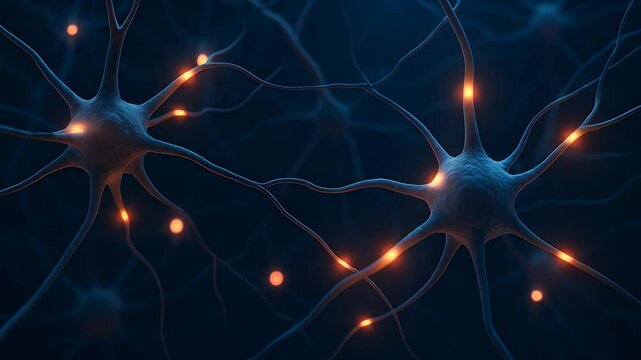 A high-detail 3D animation of neurons firing in the human brain, showing the release of neurotransmitters across synapses and the propagation of action potentials along axons.