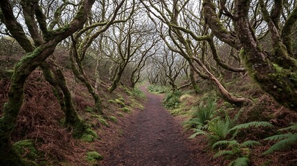 Serene Forest Path Mossy Trees and Winding Trail in Nature