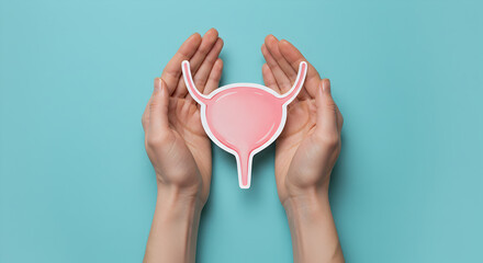 Light Pink Bladder Illustration Held in Hands on Turquoise Background Health and Care