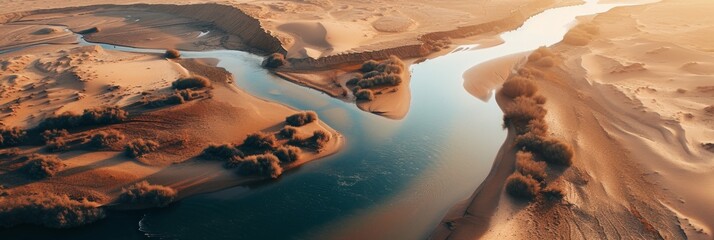 Aerial View of River and Desert Wildlife in Natural Landscape Above