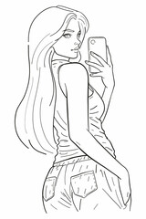 Young woman taking a selfie with her phone, looking over her shoulder in a casual tank top and jeans. Black and white vector illustration for social media and modern lifestyle.