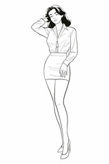 Young woman with short dark hair standing and posing with a hand on her head in a white long-sleeve shirt and mini skirt. Modern and stylish medium shot vector illustration.