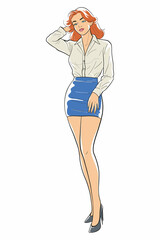 Elegant woman in blue mini skirt and button-down shirt. Stylish digital drawing showcases a confident female with orange hair and high heels.