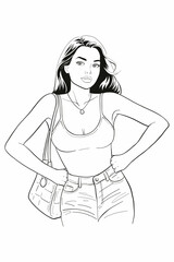 Confident young woman with long dark hair posing with hands on hips, wearing a white sleeveless tank top, denim shorts with a belt, and a shoulder bag.