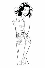 Young woman with short brunette hair in a white sleeveless tank top and blue denim jeans standing casually, looking over her shoulder with a thoughtful expression. Modern and stylish full body.