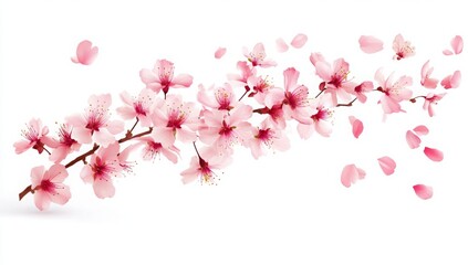 Cherry blossom petals flying, isolated on a white background