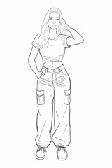 Young woman in a white crop top and green cargo pants standing casually with a hand in her pocket and a happy smile. Modern and stylish full body vector illustration.