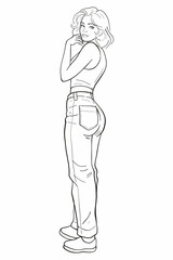 Young woman with short brunette hair in a white sleeveless tank top and blue denim jeans standing casually, looking over her shoulder with a thoughtful expression. Modern and stylish full body.