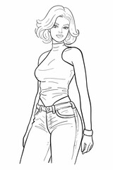 Confident young woman with short blonde hair in a white sleeveless turtleneck and light wash jeans with a belt and wristband, posing. Modern and stylish medium shot vector illustration.