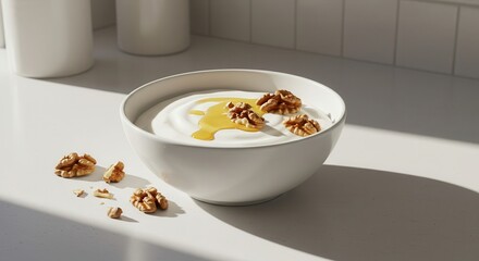 Delicious bowl of creamy yogurt topped with honey and crunchy walnuts in a bright kitchen setting showcasing healthy eating and lifestyle choices