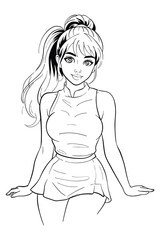 Young woman with a ponytail, smiling and posing in a sleeveless top and mini skirt. Cute and fashionable black and white vector illustration.