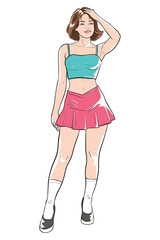 Cartoon illustration of a cute girl in a blue crop top and pink skirt, striking a confident pose. A trendy, stylish fashion character perfect for modern lifestyle or youth-themed designs.