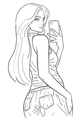 Young woman taking a selfie with her phone, looking over her shoulder in a casual tank top and jeans. Black and white vector illustration for social media and modern lifestyle.