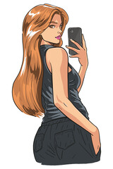 Young woman with long brown hair takes a selfie with her phone. Cartoon illustration of a stylish female character in a black tank top and jeans. Pretty girl taking a self-portrait.