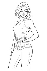 Confident young woman with short hair in a white sleeveless turtleneck and light wash jeans with a belt and earrings, posing with a hand on her hip.