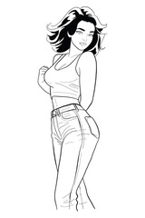 Young woman with short brunette hair in a white sleeveless tank top and blue denim jeans standing casually, looking over her shoulder with a thoughtful expression. Modern and stylish full body.