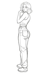 Young woman with short brunette hair in a white sleeveless tank top and blue denim jeans standing casually, looking over her shoulder with a thoughtful expression. Modern and stylish full body.