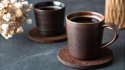 Coffee mug placed on coaster with dried flowers in background