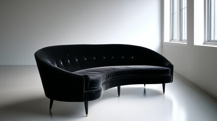 A stylish black curved sofa in open whitespace offers a comfortable, elegant seating solution with a bold, vintage charm for modern interiors.

