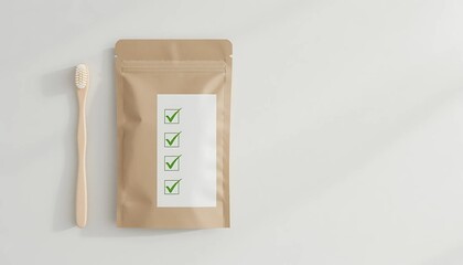  Bamboo toothbrush and recycled kraft paper packaging. on white background 