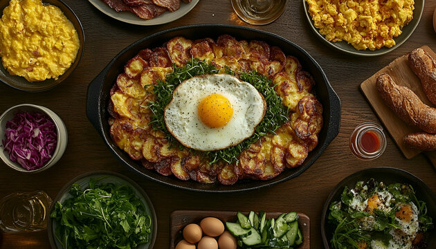 Delicious food overhead colorful vegetables egg dish