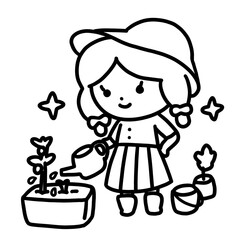 Girl Watering Plants (Line Art)