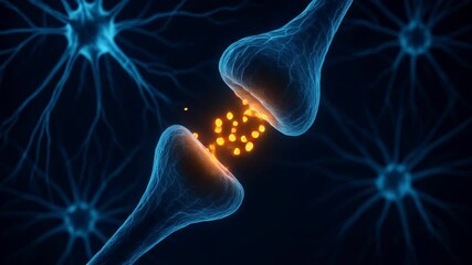 Secretion of acetylcholine moving between the dendrites receptors of activated neurons with orange glowing neurotransmitters in blue neural network background 
 - Powered by Adobe