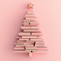 Christmas tree made of books on a pastel background