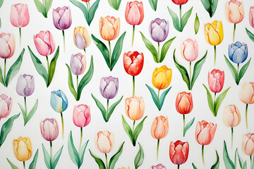 Obraz premium Watercolor tulips seamless pattern with colorful spring flowers for background design