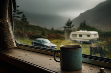 Vanlife serenity: a hot drink in hand, scenic views, and the road stretching endlessly. A quiet moment of reflection and freedom under open skies.

