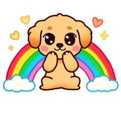 Happy Puppy Sitting under a Rainbow