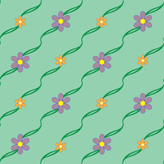 Flowers on a wavy line in green tones seamless pattern