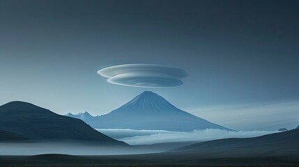 Misty mountain range with unusual cloud formation