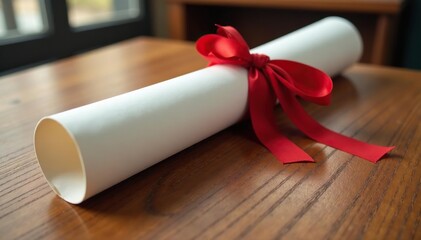 Diploma scrolls tied with ribbon, resting on a wooden table , scroll, learning