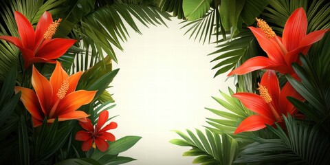 Fototapeta premium Vibrant Orange Tropical Flowers and Lush Green Palm Leaves Frame