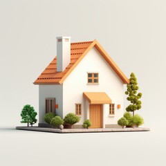 Small 3D Rendered House with Greenery Backdrop