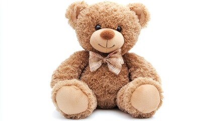 Soft, brown teddy bear with a light beige bow tie.