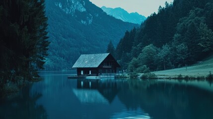Fototapeta premium Tranquil cabin on a serene mountain lake.