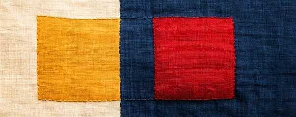 Geometric Harmony: A visual symphony of color and form. Two rectangles, one yellow, one red, grace a textile canvas alongside a rectangular segment of blue and white.