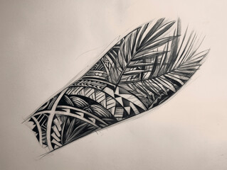 
Black ink sketch of a Polynesian sleeve tattoo combining tribal patterns and natural elements like palm leaves, white background