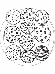 White plate with assorted cookies resting line art illustration.eps