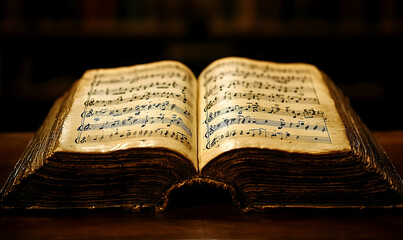 Antique book open pages warm light dark background