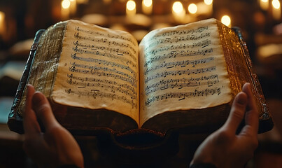 Antique book open hands closeup warm lighting