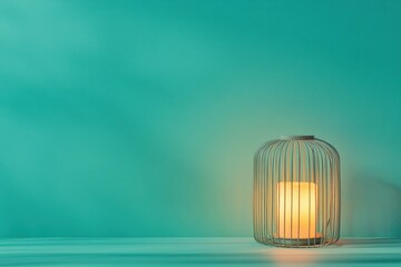 Modern cage-style lamp with warm light on mint green background