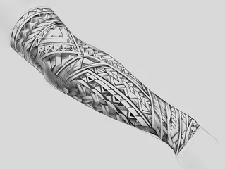 Fototapeten  Black and white sketch of a Maasai sleeve tattoo combining linear tribal patterns with animal motifs like lions and elephants, white background, no arm or hand   © Olena Kapinus