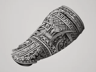 Fotobehang  Black and white sketch of a Maasai sleeve tattoo combining linear tribal patterns with animal motifs like lions and elephants, white background, no arm or hand   © Olena Kapinus
