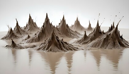 Spiky mud formations erupt from a watery surface, creating an intriguing, abstract landscape.