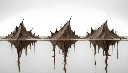 Three mud formations erupt and reflect in a mirrored, eye-catching, abstract studio shot.