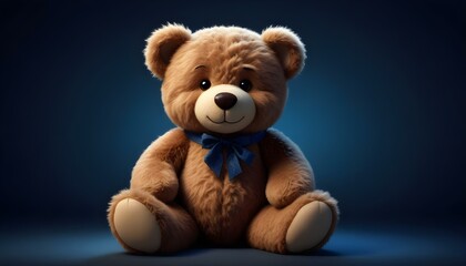 A delightful brown teddy bear with a blue bow tie sits patiently on a blue background.